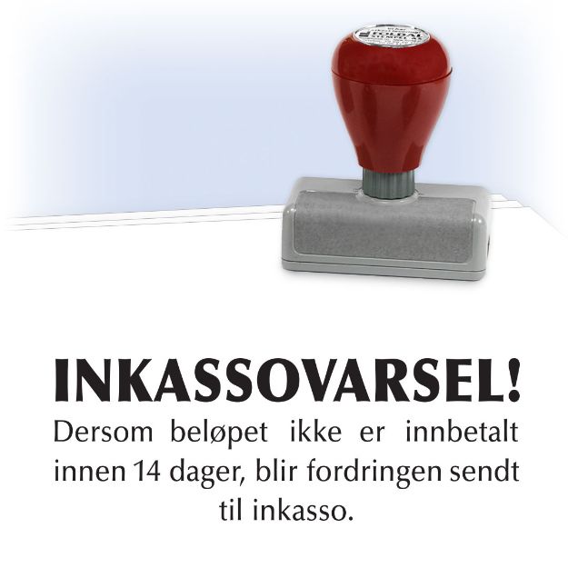 Inkassovarsel stempel for stempling av purringer og inkassovarsler. Rød, sort eller blå farge. Stempelet har tekst inkassovarsel og dersom beløpet ikke er mottatt innen 14 dager, osv.