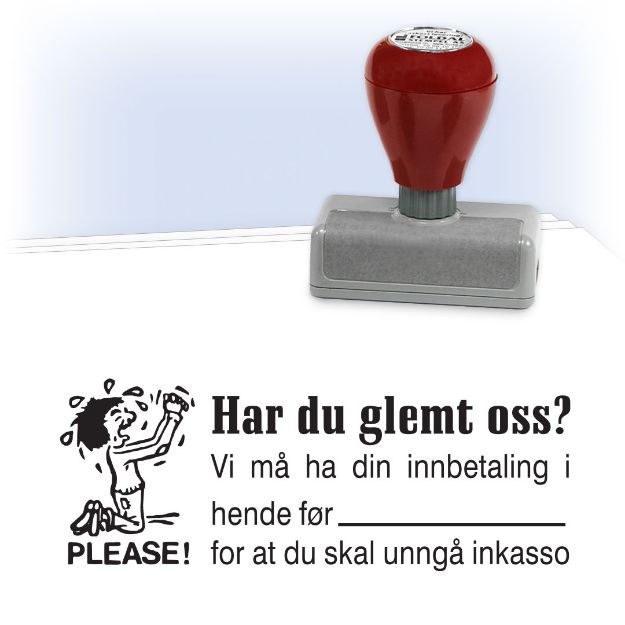 Inkassovarsel stempel med høflig tekst som minner dine kunder på at faktura har forfalt. Praktisk stempel i sort, rød, grønn eller blå farge for stempling av purringer og inkassovarsler. 