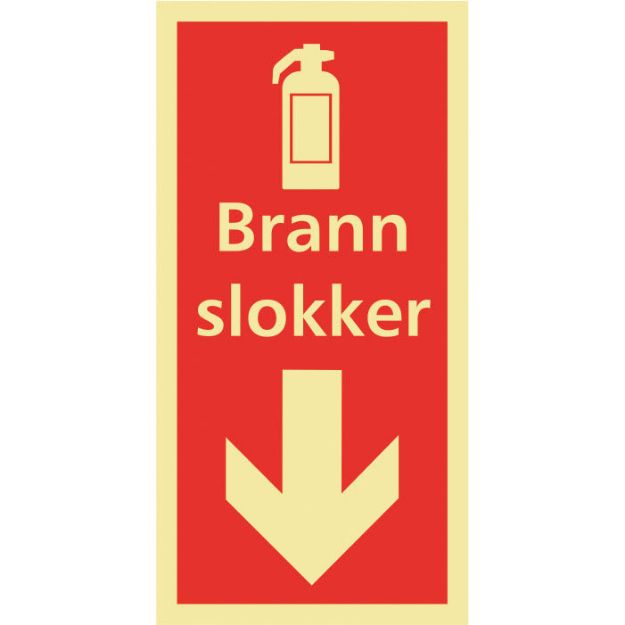 Skilt: Brannslokker, med pil ned