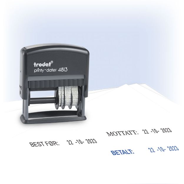 Datostempel med tekst og justerbar dato på samme linje. Perfekt for best før og datostempling. Trodat 4813
