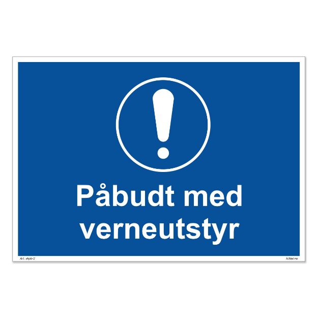 HMS skilt for industri og arbeidsplass med tekst: Påbudt med verneutstyr og symbol for påbud. Blått skilt. Øker sikkerheten for ansatte.