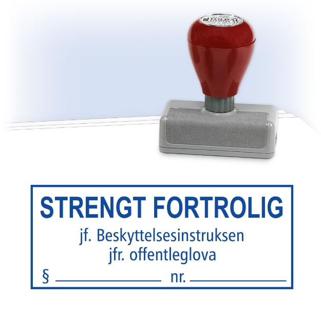 Stempel for sikkerhetsgradering, STRENGT FORTROLIG. jf. Beskyttelsesintruksen og offentleglova. Paragraf kan skrives med penn