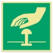 Etterlysende skilt for nødstopp bryter / knapp. Skiltet har internasjonalt symbol for emergency stop.