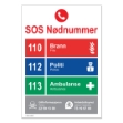 Nødnummerskilt. Infoskilt med de viktigste nødnumrene i Norge: 110 (brannvesen), 112 (politi) og 113 (ambulanse). Etterlysende, skiltet lyser i mørket.