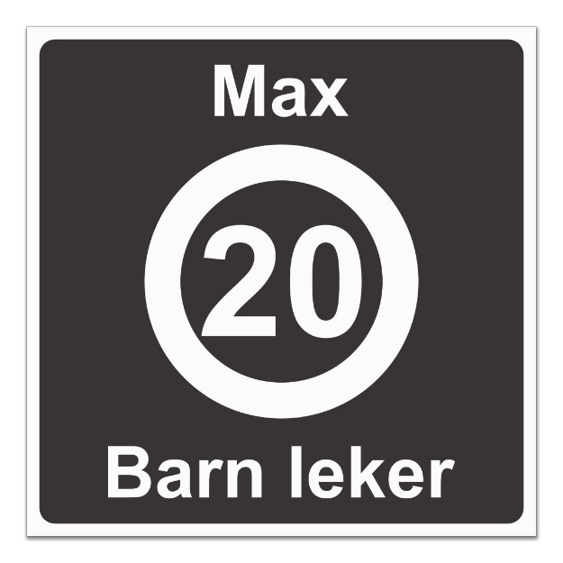 Maks fart 20 km/t skilt - Barn leker. Skilt som effektivt reduser farten på privat vei og område hvor barn leker eller oppholder seg. Et fartsgrenseskilt vil påvirke bilisters adferd og hindre påkjørsler og farlige situasjoner.