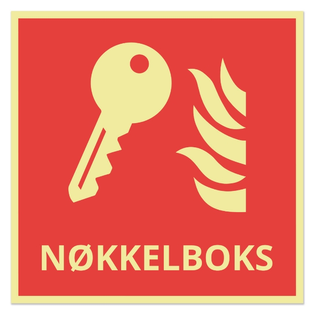Skilt for nøkkelboks. Etterlysende (selvlysende) brannskilt for å tydelig merke plassering av nøkkelboks som inneholder nøkler til adgangsdører, tekniske rom eller nødutstyr. Aktuelt for brannsikkerhet i næringsbygg, borettslag, institusjoner og industribygg.