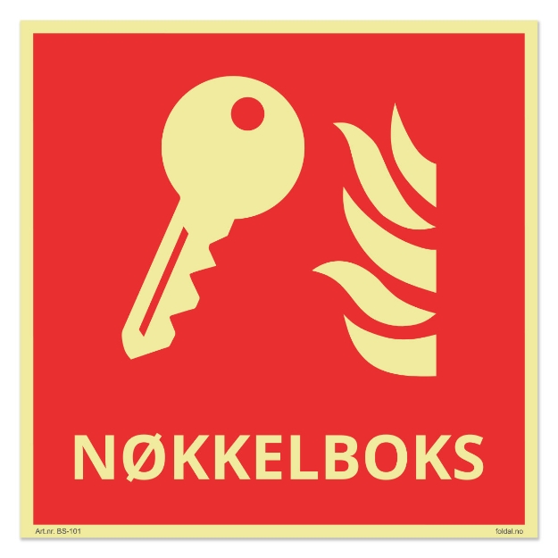 kilt for nøkkelboks. Etterlysende (selvlysende) brannskilt for å tydelig merke plassering av nøkkelboks som inneholder nøkler til adgangsdører, tekniske rom eller nødutstyr. Aktuelt for brannsikkerhet i næringsbygg, borettslag, institusjoner og industribygg.