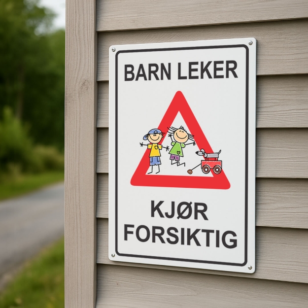 Barn leker skilt, kjør forsiktig. Skrues på vegg eller festes på stolpe. Skilt som gjør bilister oppmerksomme på at små barn kan leke i veibanen. 