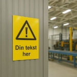Fareskilt med egen tekst. Bestill skilt som varsler om farer på arbeidsplass, industri og firma- og bedriftslokaler. Design ditt skilt selv.
